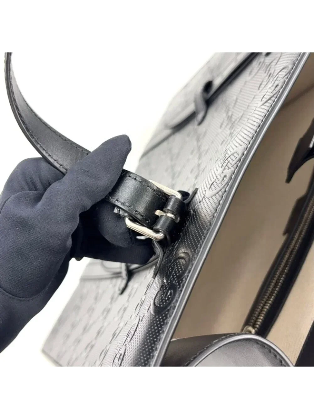 Gucci GG Embossed Calfskin Black Tote Silver